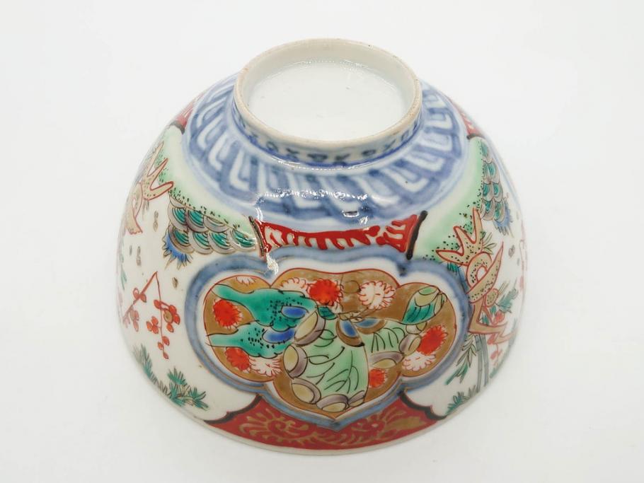 上手物　江戸期　古伊万里　色絵　約12cm　3.7寸　華やかな雰囲気溢れる蓋付き茶碗3客セット(松竹梅、金彩、風景、花、器、どんぶり、蓋茶碗、和食器、三寸七分)(R-082822)