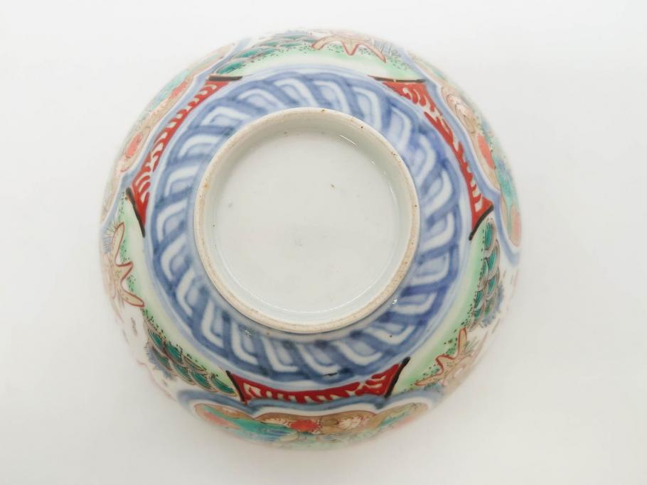 上手物　江戸期　古伊万里　色絵　約12cm　3.7寸　華やかな雰囲気溢れる蓋付き茶碗3客セット(松竹梅、金彩、風景、花、器、どんぶり、蓋茶碗、和食器、三寸七分)(R-082822)