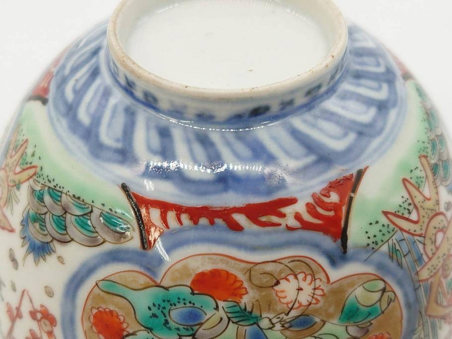 上手物　江戸期　古伊万里　色絵　約12cm　3.7寸　華やかな雰囲気溢れる蓋付き茶碗3客セット(松竹梅、金彩、風景、花、器、どんぶり、蓋茶碗、和食器、三寸七分)(R-082822)