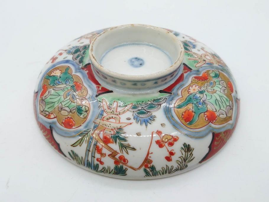 上手物　江戸期　古伊万里　色絵　約12cm　3.7寸　華やかな雰囲気溢れる蓋付き茶碗3客セット(松竹梅、金彩、風景、花、器、どんぶり、蓋茶碗、和食器、三寸七分)(R-082822)