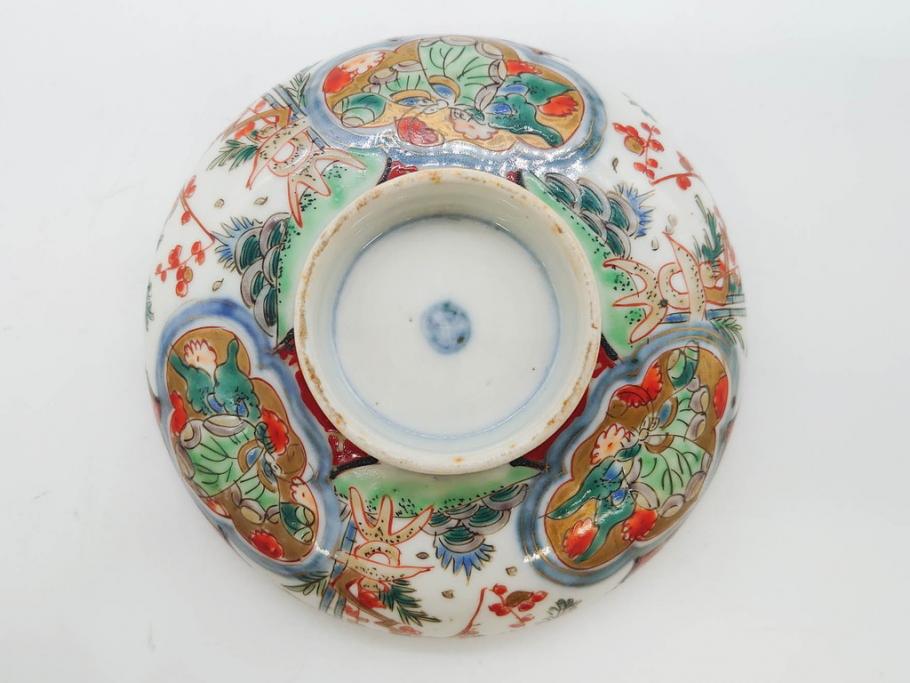 上手物　江戸期　古伊万里　色絵　約12cm　3.7寸　華やかな雰囲気溢れる蓋付き茶碗3客セット(松竹梅、金彩、風景、花、器、どんぶり、蓋茶碗、和食器、三寸七分)(R-082822)
