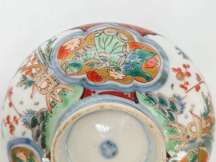 上手物　江戸期　古伊万里　色絵　約12cm　3.7寸　華やかな雰囲気溢れる蓋付き茶碗3客セット(松竹梅、金彩、風景、花、器、どんぶり、蓋茶碗、和食器、三寸七分)(R-082822)