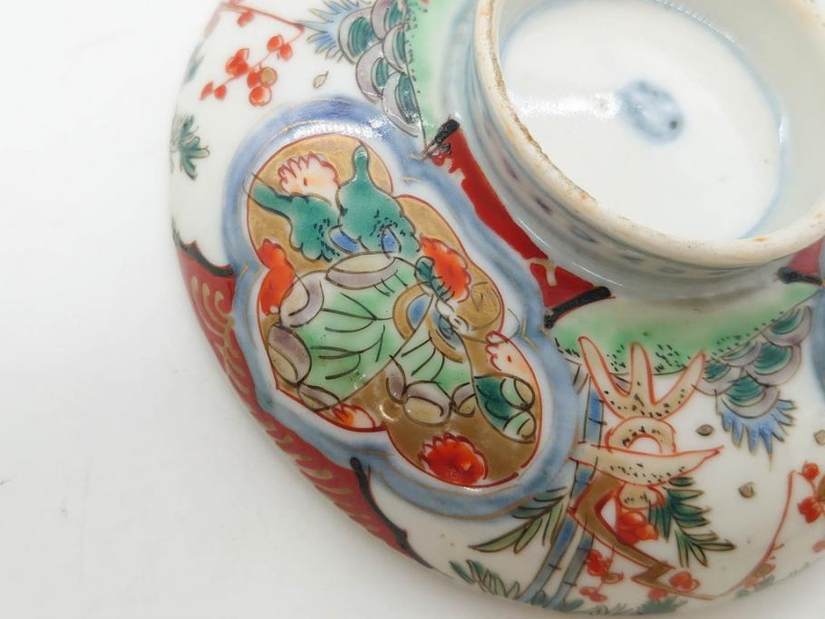 上手物　江戸期　古伊万里　色絵　約12cm　3.7寸　華やかな雰囲気溢れる蓋付き茶碗3客セット(松竹梅、金彩、風景、花、器、どんぶり、蓋茶碗、和食器、三寸七分)(R-082822)