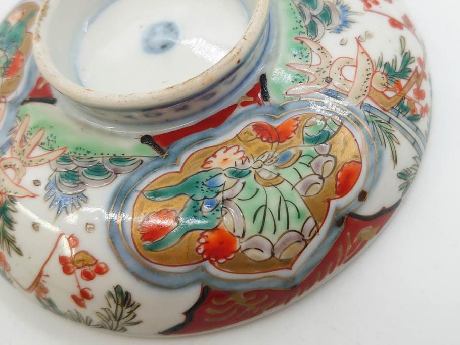 上手物　江戸期　古伊万里　色絵　約12cm　3.7寸　華やかな雰囲気溢れる蓋付き茶碗3客セット(松竹梅、金彩、風景、花、器、どんぶり、蓋茶碗、和食器、三寸七分)(R-082822)