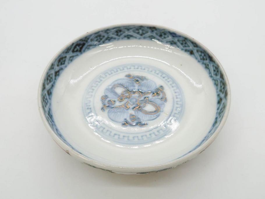 上手物　江戸期　古伊万里　色絵　約12cm　3.7寸　華やかな雰囲気溢れる蓋付き茶碗3客セット(松竹梅、金彩、風景、花、器、どんぶり、蓋茶碗、和食器、三寸七分)(R-082822)