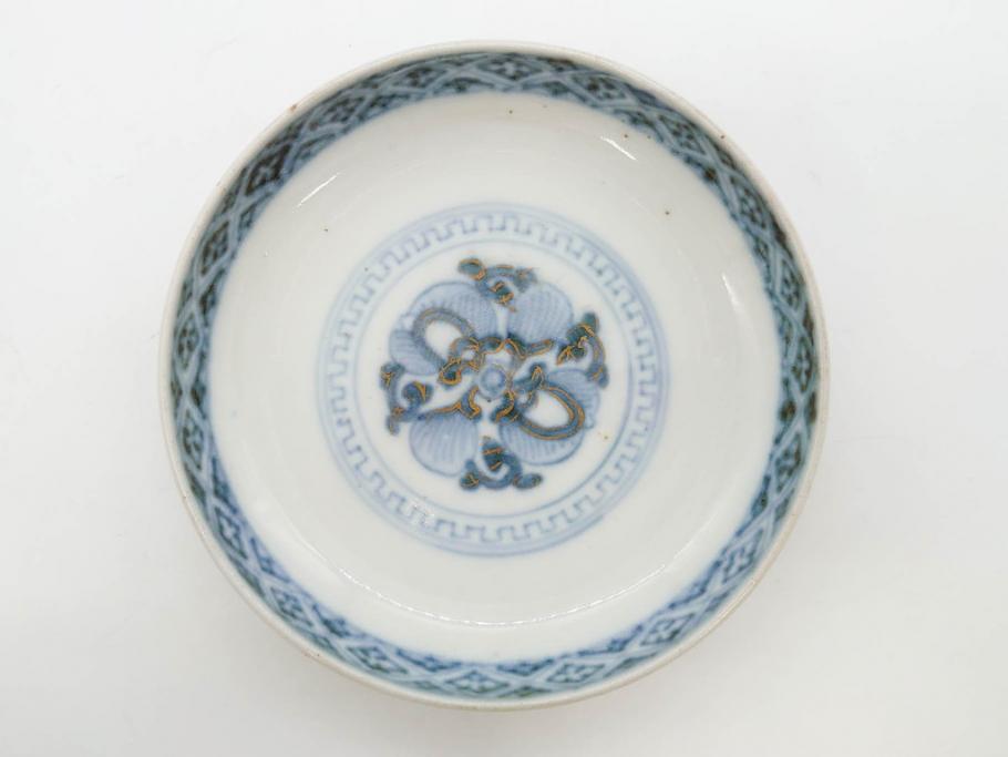 上手物　江戸期　古伊万里　色絵　約12cm　3.7寸　華やかな雰囲気溢れる蓋付き茶碗3客セット(松竹梅、金彩、風景、花、器、どんぶり、蓋茶碗、和食器、三寸七分)(R-082822)