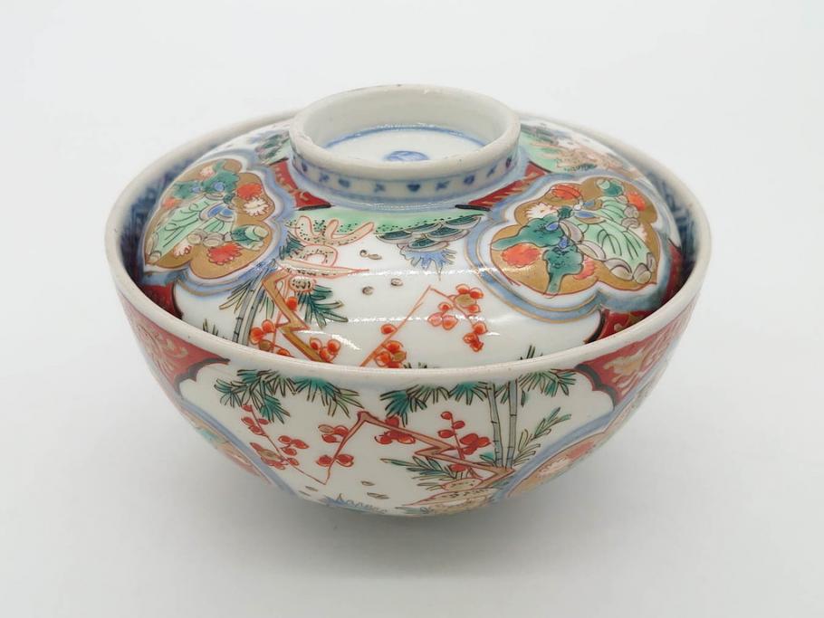 上手物　江戸期　古伊万里　色絵　約12cm　3.7寸　華やかな雰囲気溢れる蓋付き茶碗3客セット(松竹梅、金彩、風景、花、器、どんぶり、蓋茶碗、和食器、三寸七分)(R-082822)