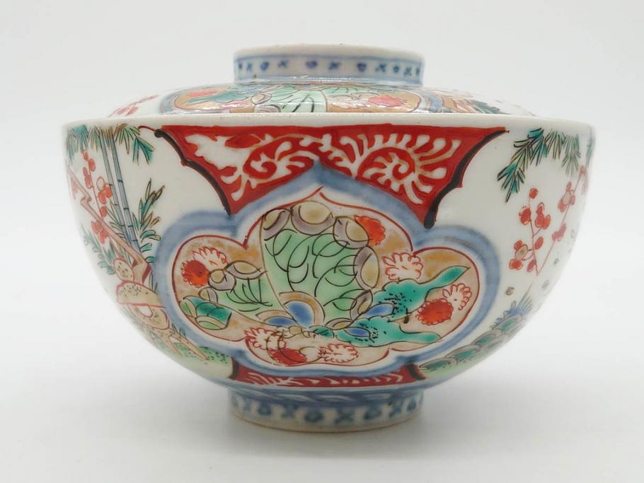 上手物　江戸期　古伊万里　色絵　約12cm　3.7寸　華やかな雰囲気溢れる蓋付き茶碗3客セット(松竹梅、金彩、風景、花、器、どんぶり、蓋茶碗、和食器、三寸七分)(R-082822)