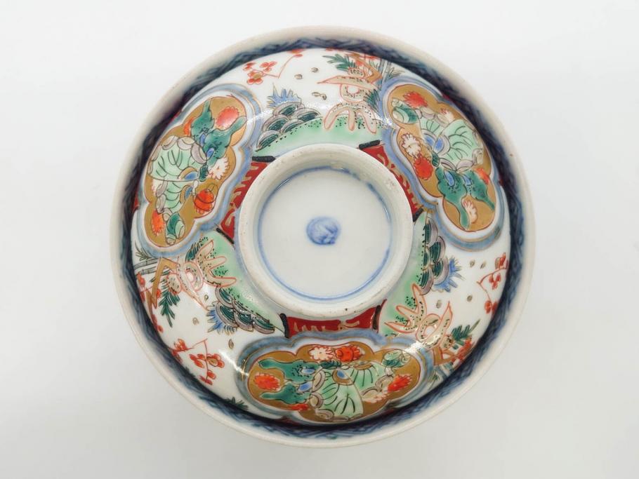上手物　江戸期　古伊万里　色絵　約12cm　3.7寸　華やかな雰囲気溢れる蓋付き茶碗3客セット(松竹梅、金彩、風景、花、器、どんぶり、蓋茶碗、和食器、三寸七分)(R-082822)