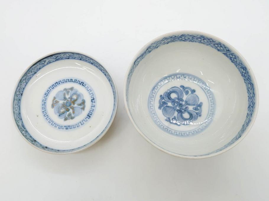 上手物　江戸期　古伊万里　色絵　約12cm　3.7寸　華やかな雰囲気溢れる蓋付き茶碗3客セット(松竹梅、金彩、風景、花、器、どんぶり、蓋茶碗、和食器、三寸七分)(R-082822)