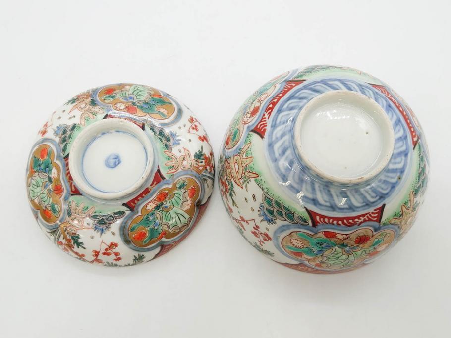 上手物　江戸期　古伊万里　色絵　約12cm　3.7寸　華やかな雰囲気溢れる蓋付き茶碗3客セット(松竹梅、金彩、風景、花、器、どんぶり、蓋茶碗、和食器、三寸七分)(R-082822)
