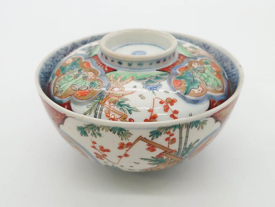 上手物　江戸期　古伊万里　色絵　約12cm　3.7寸　華やかな雰囲気溢れる蓋付き茶碗3客セット(松竹梅、金彩、風景、花、器、どんぶり、蓋茶碗、和食器、三寸七分)(R-082822)