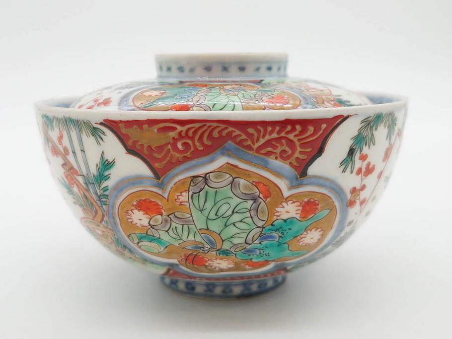 上手物　江戸期　古伊万里　色絵　約12cm　3.7寸　華やかな雰囲気溢れる蓋付き茶碗3客セット(松竹梅、金彩、風景、花、器、どんぶり、蓋茶碗、和食器、三寸七分)(R-082822)