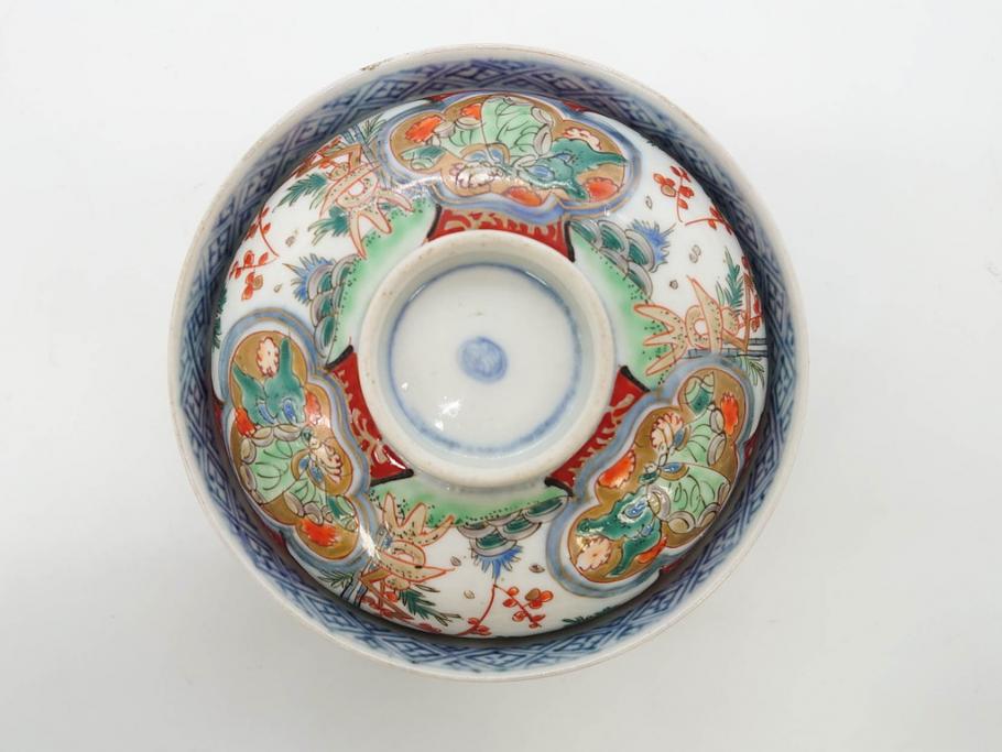 上手物　江戸期　古伊万里　色絵　約12cm　3.7寸　華やかな雰囲気溢れる蓋付き茶碗3客セット(松竹梅、金彩、風景、花、器、どんぶり、蓋茶碗、和食器、三寸七分)(R-082822)
