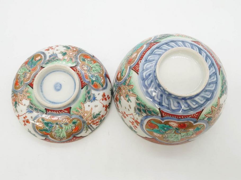 上手物　江戸期　古伊万里　色絵　約12cm　3.7寸　華やかな雰囲気溢れる蓋付き茶碗3客セット(松竹梅、金彩、風景、花、器、どんぶり、蓋茶碗、和食器、三寸七分)(R-082822)