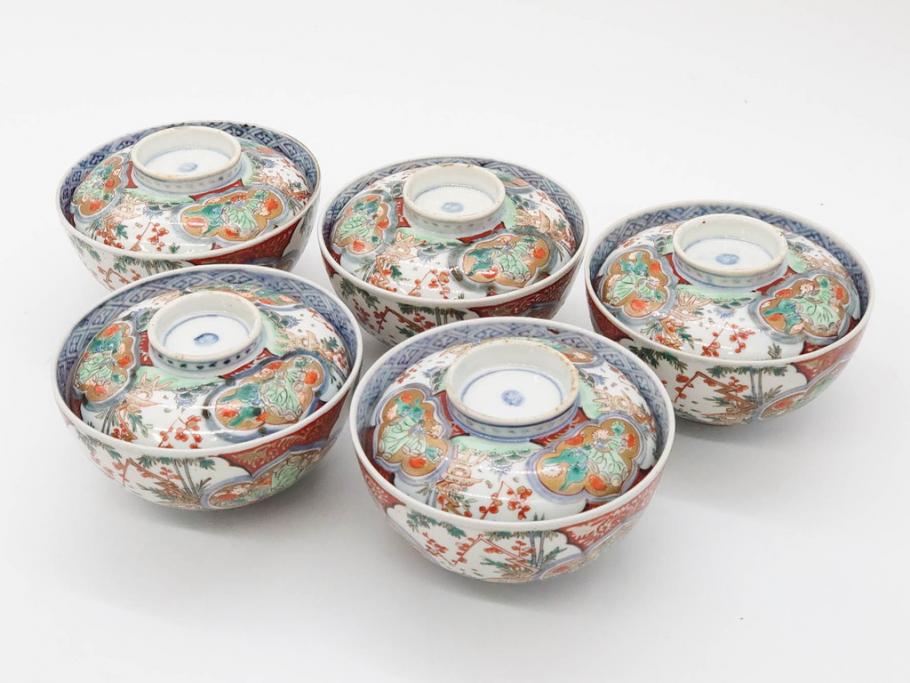 上手物　江戸期　古伊万里　色絵　約12cm　3.7寸　食卓を艶やかに彩る蓋付き茶碗5客セット(松竹梅、金彩、風景、花、器、どんぶり、蓋茶碗、和食器、三寸七分)(R-082823)