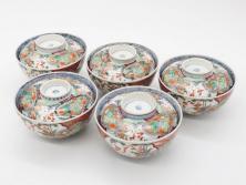 上手物　江戸期　古伊万里　色絵　約12cm　3.7寸　食卓を艶やかに彩る蓋付き茶碗5客セット(松竹梅、金彩、風景、花、器、どんぶり、蓋茶碗、和食器、三寸七分)(R-082823)