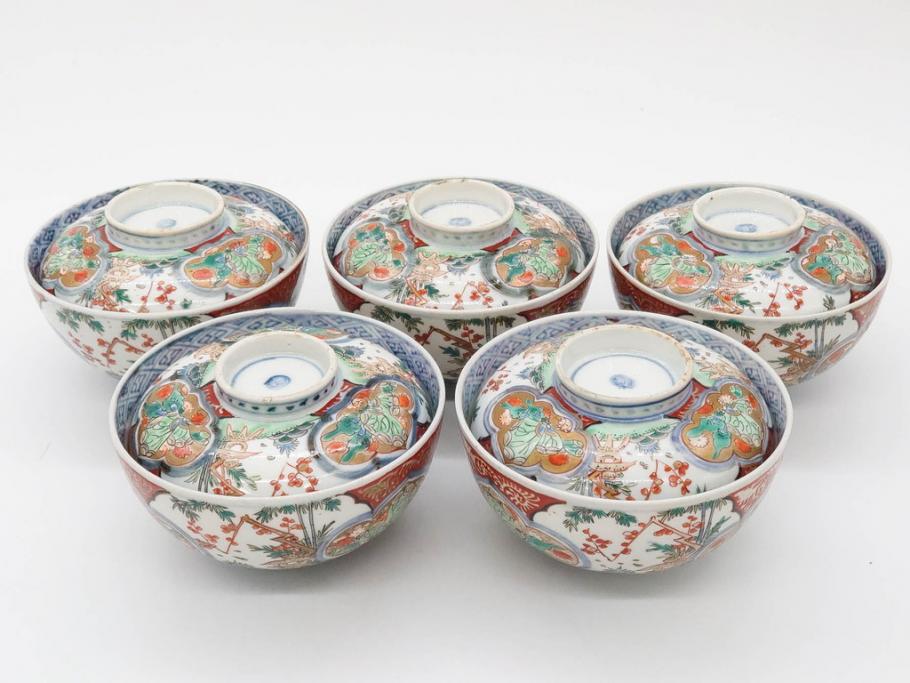 上手物　江戸期　古伊万里　色絵　約12cm　3.7寸　食卓を艶やかに彩る蓋付き茶碗5客セット(松竹梅、金彩、風景、花、器、どんぶり、蓋茶碗、和食器、三寸七分)(R-082823)