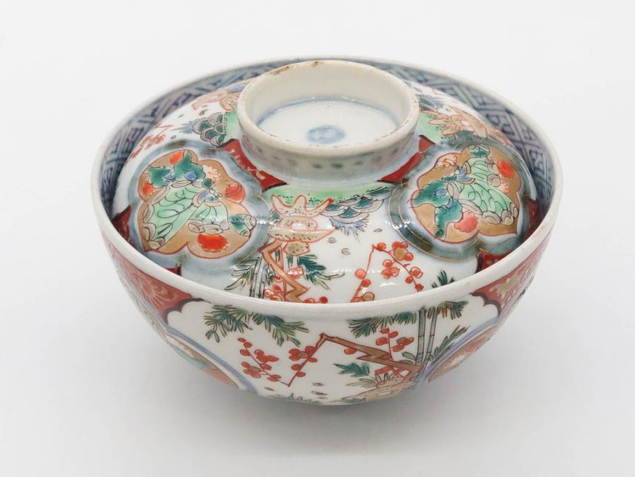 上手物　江戸期　古伊万里　色絵　約12cm　3.7寸　食卓を艶やかに彩る蓋付き茶碗5客セット(松竹梅、金彩、風景、花、器、どんぶり、蓋茶碗、和食器、三寸七分)(R-082823)