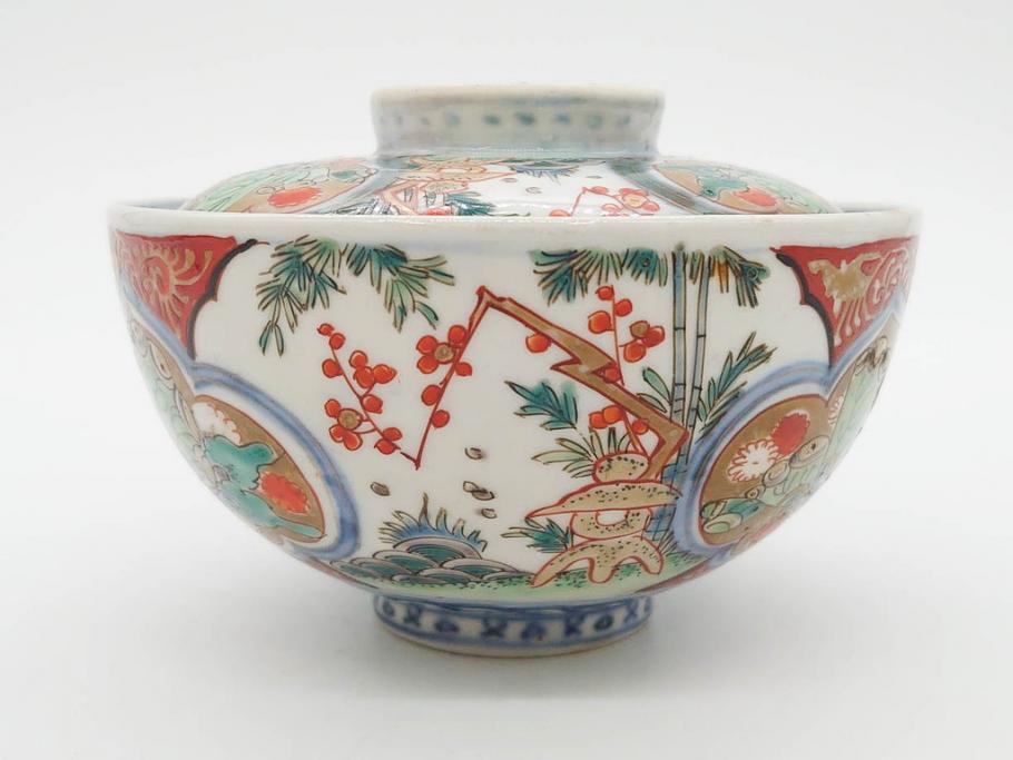上手物　江戸期　古伊万里　色絵　約12cm　3.7寸　食卓を艶やかに彩る蓋付き茶碗5客セット(松竹梅、金彩、風景、花、器、どんぶり、蓋茶碗、和食器、三寸七分)(R-082823)