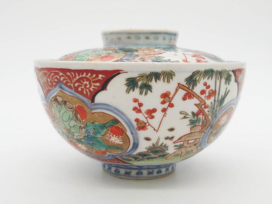 上手物　江戸期　古伊万里　色絵　約12cm　3.7寸　食卓を艶やかに彩る蓋付き茶碗5客セット(松竹梅、金彩、風景、花、器、どんぶり、蓋茶碗、和食器、三寸七分)(R-082823)