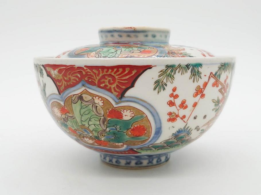 上手物　江戸期　古伊万里　色絵　約12cm　3.7寸　食卓を艶やかに彩る蓋付き茶碗5客セット(松竹梅、金彩、風景、花、器、どんぶり、蓋茶碗、和食器、三寸七分)(R-082823)