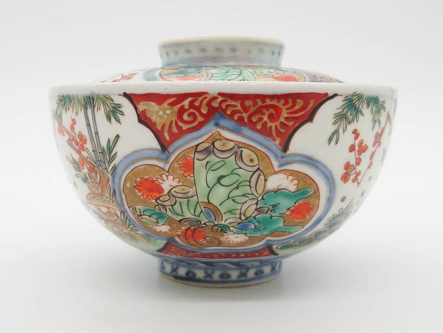 上手物　江戸期　古伊万里　色絵　約12cm　3.7寸　食卓を艶やかに彩る蓋付き茶碗5客セット(松竹梅、金彩、風景、花、器、どんぶり、蓋茶碗、和食器、三寸七分)(R-082823)