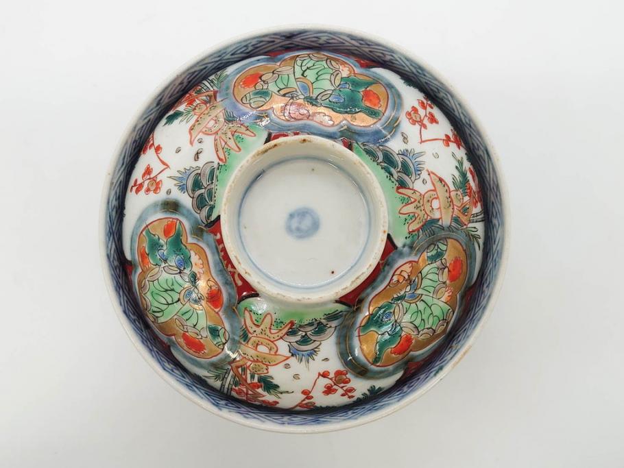 上手物　江戸期　古伊万里　色絵　約12cm　3.7寸　食卓を艶やかに彩る蓋付き茶碗5客セット(松竹梅、金彩、風景、花、器、どんぶり、蓋茶碗、和食器、三寸七分)(R-082823)