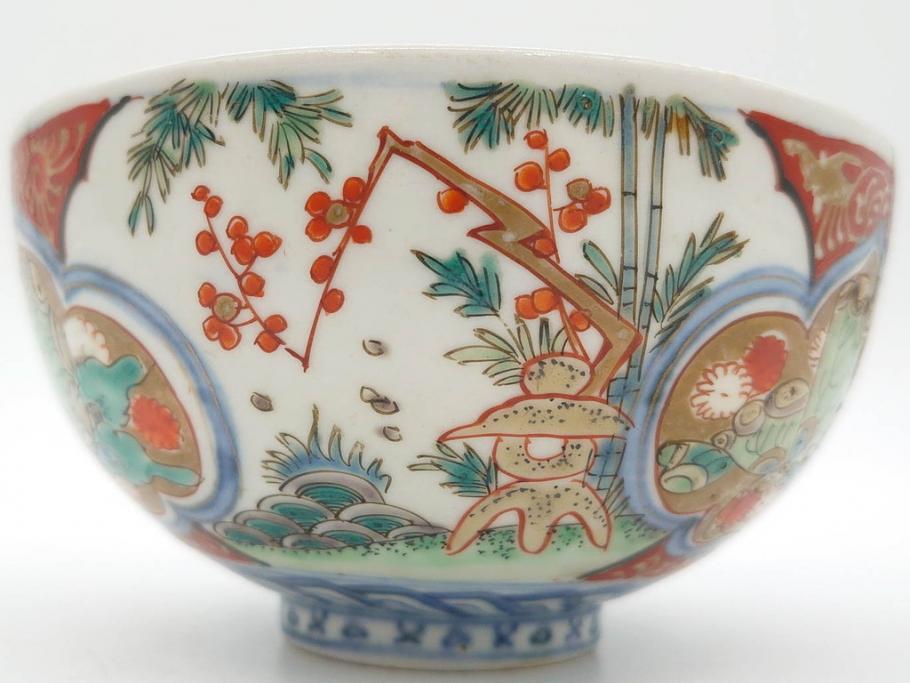 上手物　江戸期　古伊万里　色絵　約12cm　3.7寸　食卓を艶やかに彩る蓋付き茶碗5客セット(松竹梅、金彩、風景、花、器、どんぶり、蓋茶碗、和食器、三寸七分)(R-082823)
