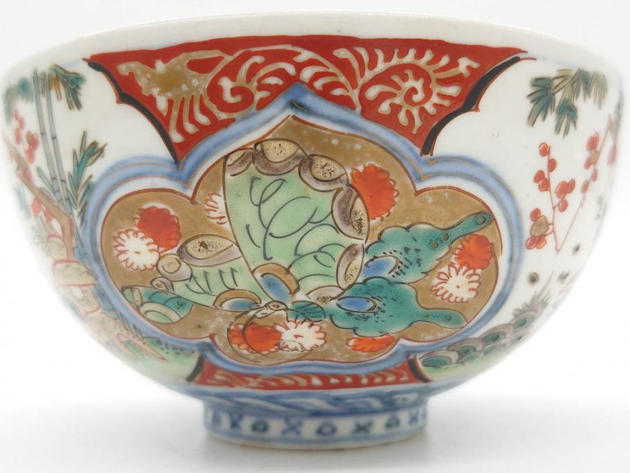 上手物　江戸期　古伊万里　色絵　約12cm　3.7寸　食卓を艶やかに彩る蓋付き茶碗5客セット(松竹梅、金彩、風景、花、器、どんぶり、蓋茶碗、和食器、三寸七分)(R-082823)
