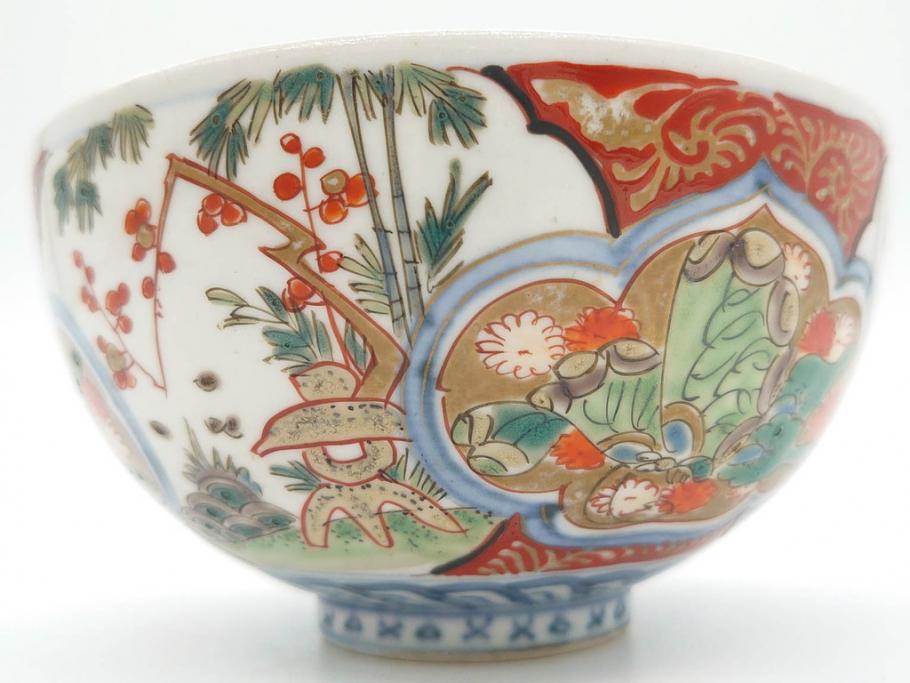 上手物　江戸期　古伊万里　色絵　約12cm　3.7寸　食卓を艶やかに彩る蓋付き茶碗5客セット(松竹梅、金彩、風景、花、器、どんぶり、蓋茶碗、和食器、三寸七分)(R-082823)