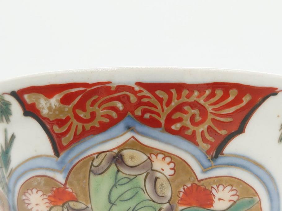 上手物　江戸期　古伊万里　色絵　約12cm　3.7寸　食卓を艶やかに彩る蓋付き茶碗5客セット(松竹梅、金彩、風景、花、器、どんぶり、蓋茶碗、和食器、三寸七分)(R-082823)
