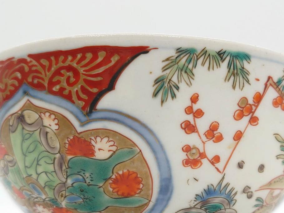上手物　江戸期　古伊万里　色絵　約12cm　3.7寸　食卓を艶やかに彩る蓋付き茶碗5客セット(松竹梅、金彩、風景、花、器、どんぶり、蓋茶碗、和食器、三寸七分)(R-082823)