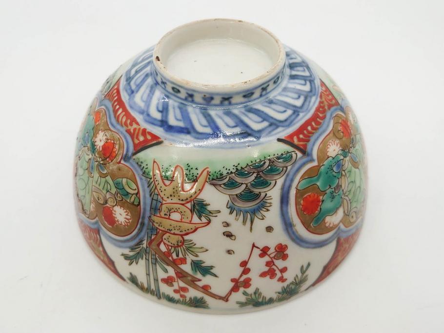 上手物　江戸期　古伊万里　色絵　約12cm　3.7寸　食卓を艶やかに彩る蓋付き茶碗5客セット(松竹梅、金彩、風景、花、器、どんぶり、蓋茶碗、和食器、三寸七分)(R-082823)