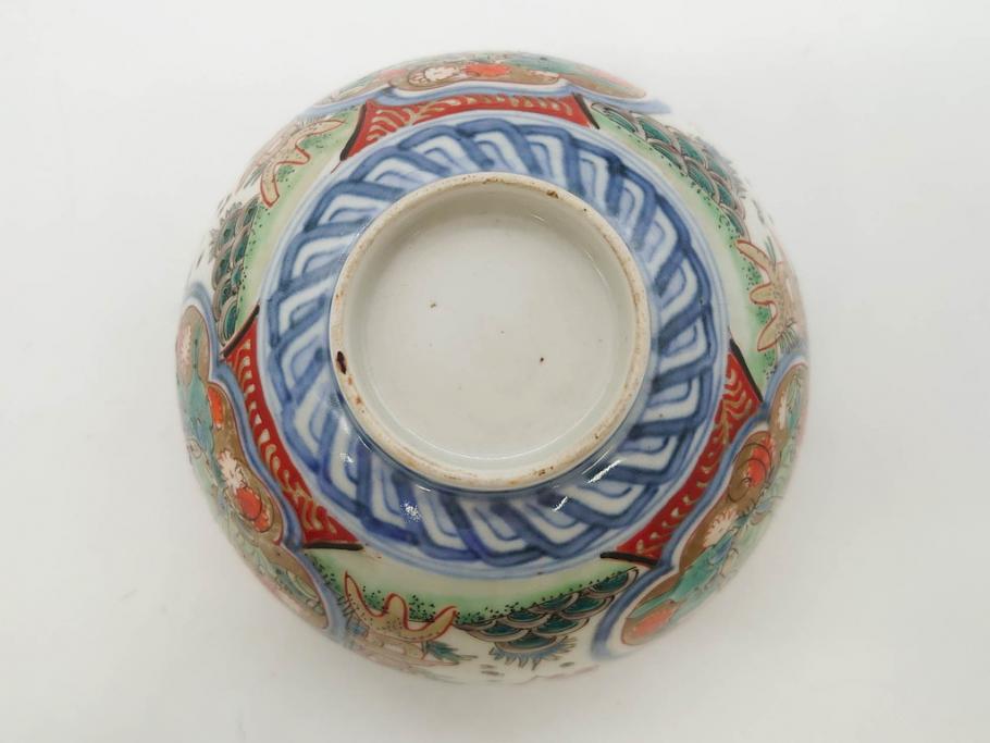 上手物　江戸期　古伊万里　色絵　約12cm　3.7寸　食卓を艶やかに彩る蓋付き茶碗5客セット(松竹梅、金彩、風景、花、器、どんぶり、蓋茶碗、和食器、三寸七分)(R-082823)