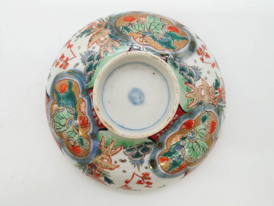 上手物　江戸期　古伊万里　色絵　約12cm　3.7寸　食卓を艶やかに彩る蓋付き茶碗5客セット(松竹梅、金彩、風景、花、器、どんぶり、蓋茶碗、和食器、三寸七分)(R-082823)