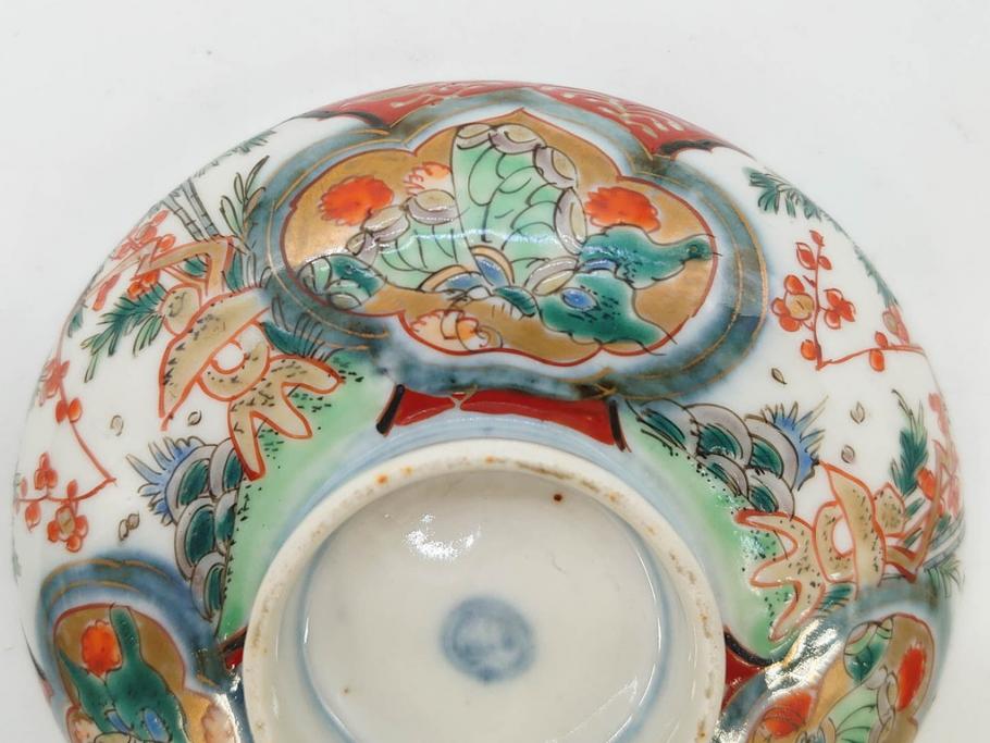 上手物　江戸期　古伊万里　色絵　約12cm　3.7寸　食卓を艶やかに彩る蓋付き茶碗5客セット(松竹梅、金彩、風景、花、器、どんぶり、蓋茶碗、和食器、三寸七分)(R-082823)