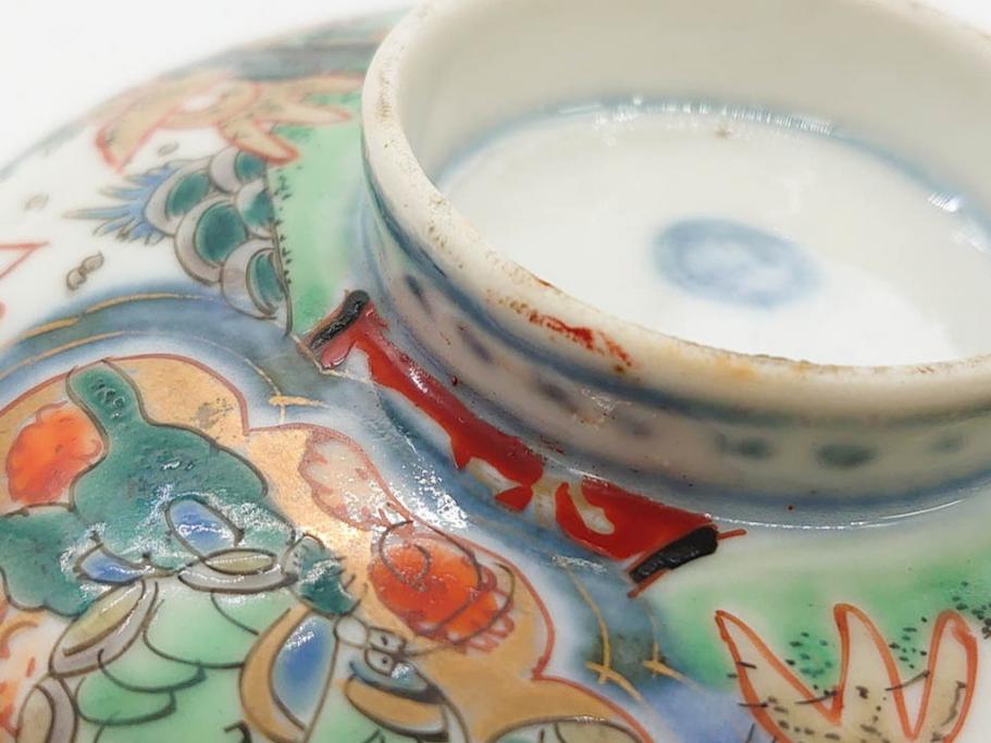 上手物　江戸期　古伊万里　色絵　約12cm　3.7寸　食卓を艶やかに彩る蓋付き茶碗5客セット(松竹梅、金彩、風景、花、器、どんぶり、蓋茶碗、和食器、三寸七分)(R-082823)