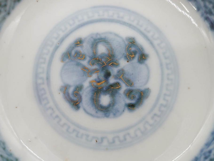 上手物　江戸期　古伊万里　色絵　約12cm　3.7寸　食卓を艶やかに彩る蓋付き茶碗5客セット(松竹梅、金彩、風景、花、器、どんぶり、蓋茶碗、和食器、三寸七分)(R-082823)