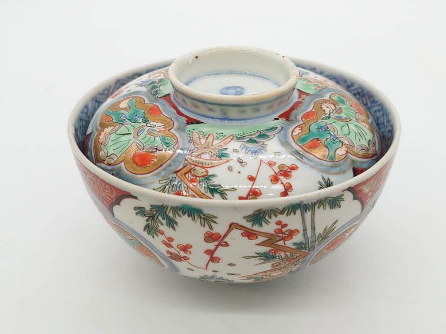 上手物　江戸期　古伊万里　色絵　約12cm　3.7寸　食卓を艶やかに彩る蓋付き茶碗5客セット(松竹梅、金彩、風景、花、器、どんぶり、蓋茶碗、和食器、三寸七分)(R-082823)