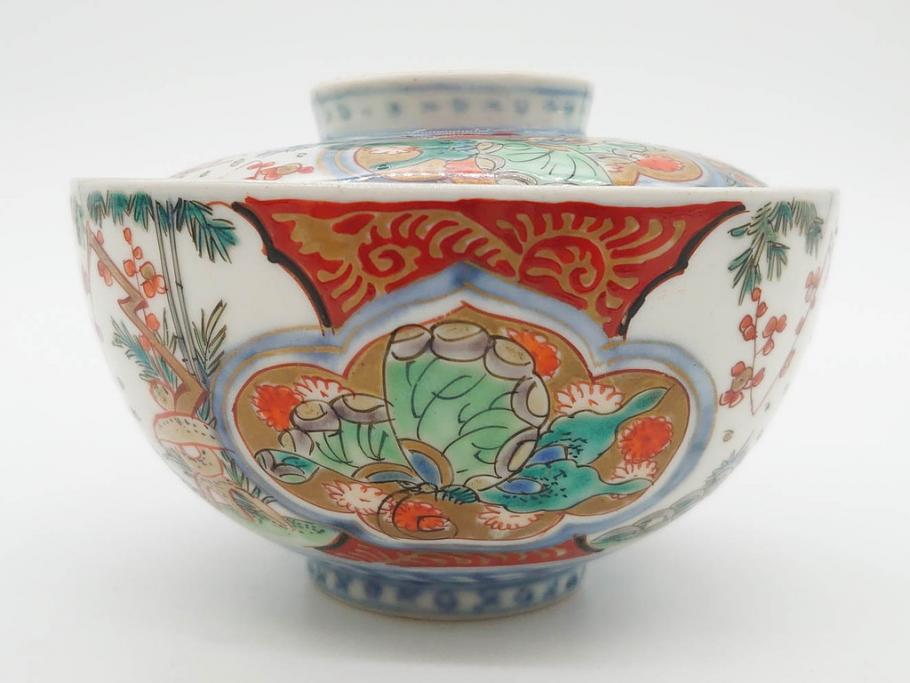 上手物　江戸期　古伊万里　色絵　約12cm　3.7寸　食卓を艶やかに彩る蓋付き茶碗5客セット(松竹梅、金彩、風景、花、器、どんぶり、蓋茶碗、和食器、三寸七分)(R-082823)