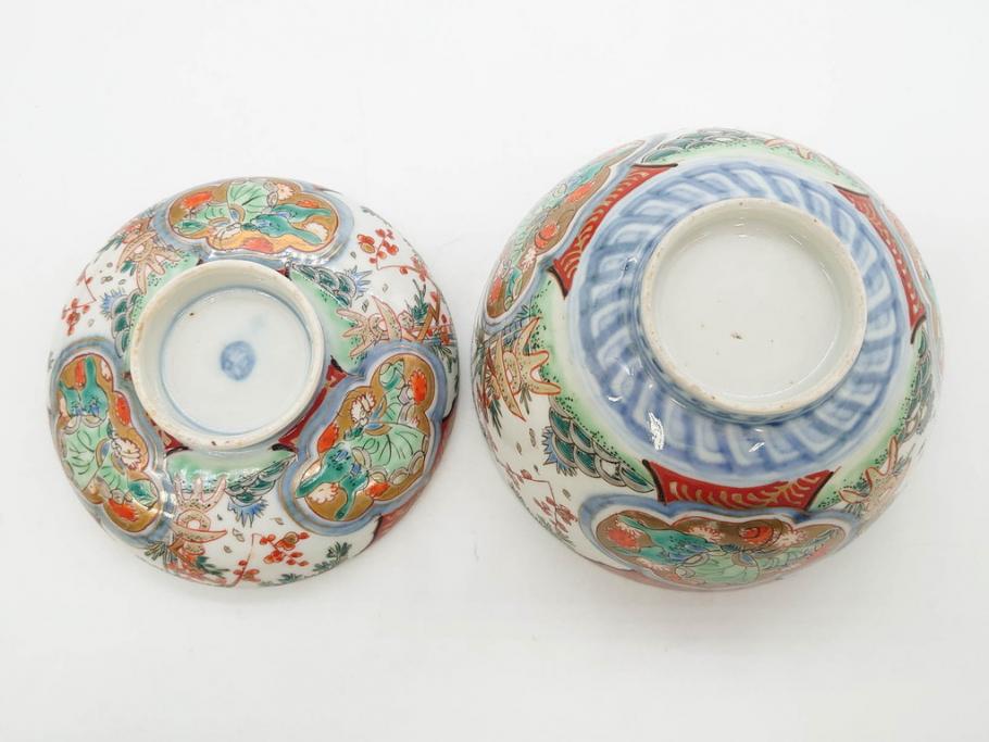 上手物　江戸期　古伊万里　色絵　約12cm　3.7寸　食卓を艶やかに彩る蓋付き茶碗5客セット(松竹梅、金彩、風景、花、器、どんぶり、蓋茶碗、和食器、三寸七分)(R-082823)