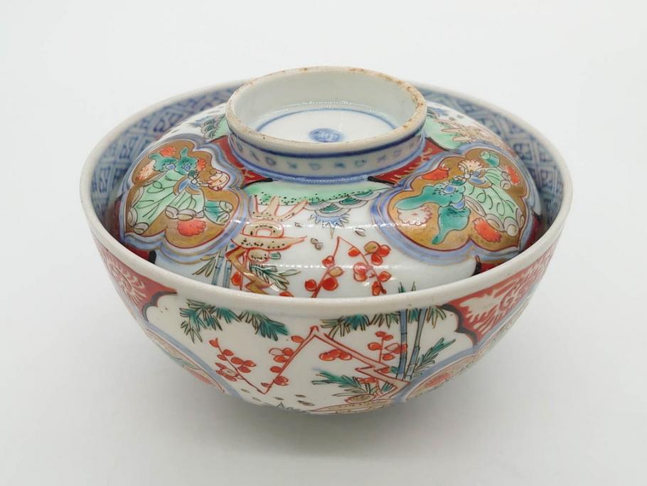 上手物　江戸期　古伊万里　色絵　約12cm　3.7寸　食卓を艶やかに彩る蓋付き茶碗5客セット(松竹梅、金彩、風景、花、器、どんぶり、蓋茶碗、和食器、三寸七分)(R-082823)