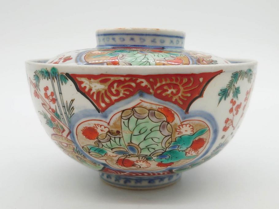 上手物　江戸期　古伊万里　色絵　約12cm　3.7寸　食卓を艶やかに彩る蓋付き茶碗5客セット(松竹梅、金彩、風景、花、器、どんぶり、蓋茶碗、和食器、三寸七分)(R-082823)