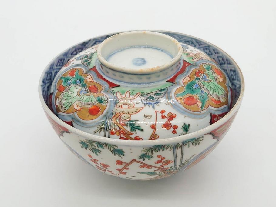 上手物　江戸期　古伊万里　色絵　約12cm　3.7寸　食卓を艶やかに彩る蓋付き茶碗5客セット(松竹梅、金彩、風景、花、器、どんぶり、蓋茶碗、和食器、三寸七分)(R-082823)
