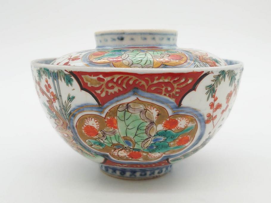 上手物　江戸期　古伊万里　色絵　約12cm　3.7寸　食卓を艶やかに彩る蓋付き茶碗5客セット(松竹梅、金彩、風景、花、器、どんぶり、蓋茶碗、和食器、三寸七分)(R-082823)