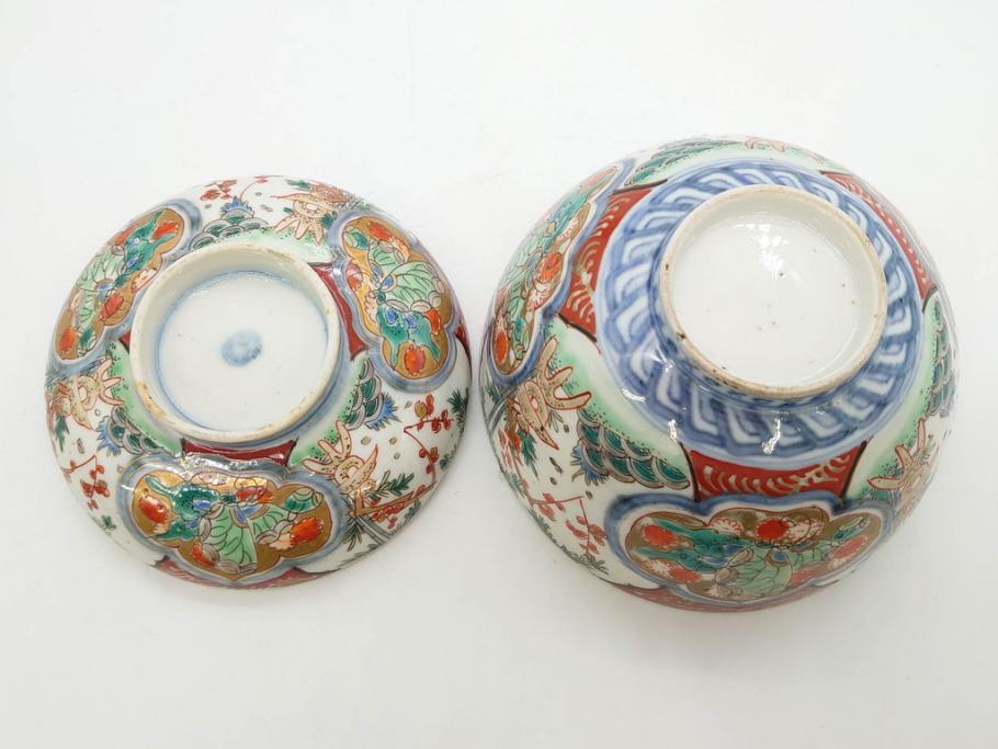 上手物　江戸期　古伊万里　色絵　約12cm　3.7寸　食卓を艶やかに彩る蓋付き茶碗5客セット(松竹梅、金彩、風景、花、器、どんぶり、蓋茶碗、和食器、三寸七分)(R-082823)