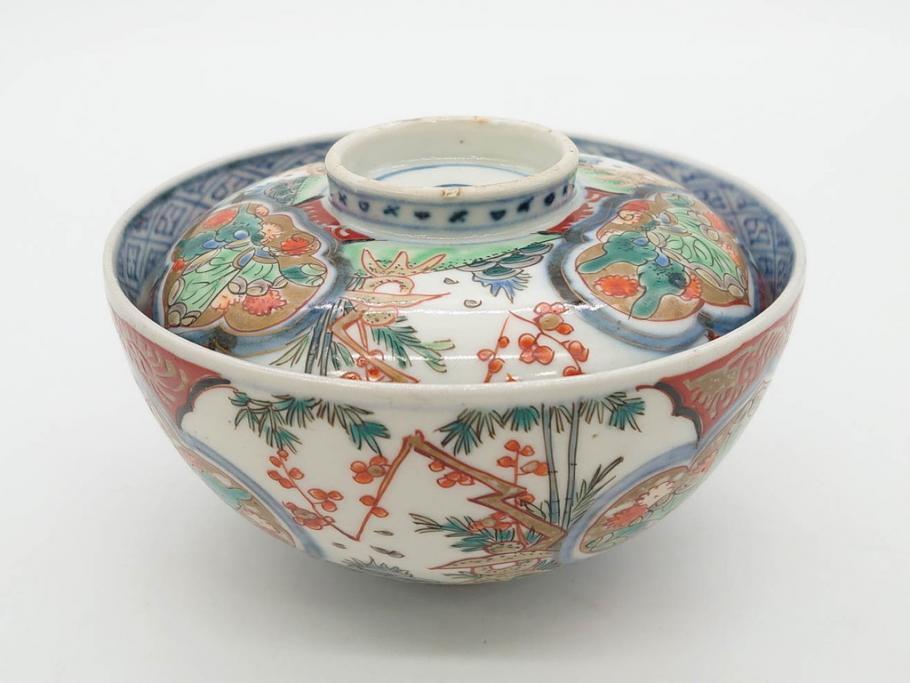 上手物　江戸期　古伊万里　色絵　約12cm　3.7寸　食卓を艶やかに彩る蓋付き茶碗5客セット(松竹梅、金彩、風景、花、器、どんぶり、蓋茶碗、和食器、三寸七分)(R-082823)