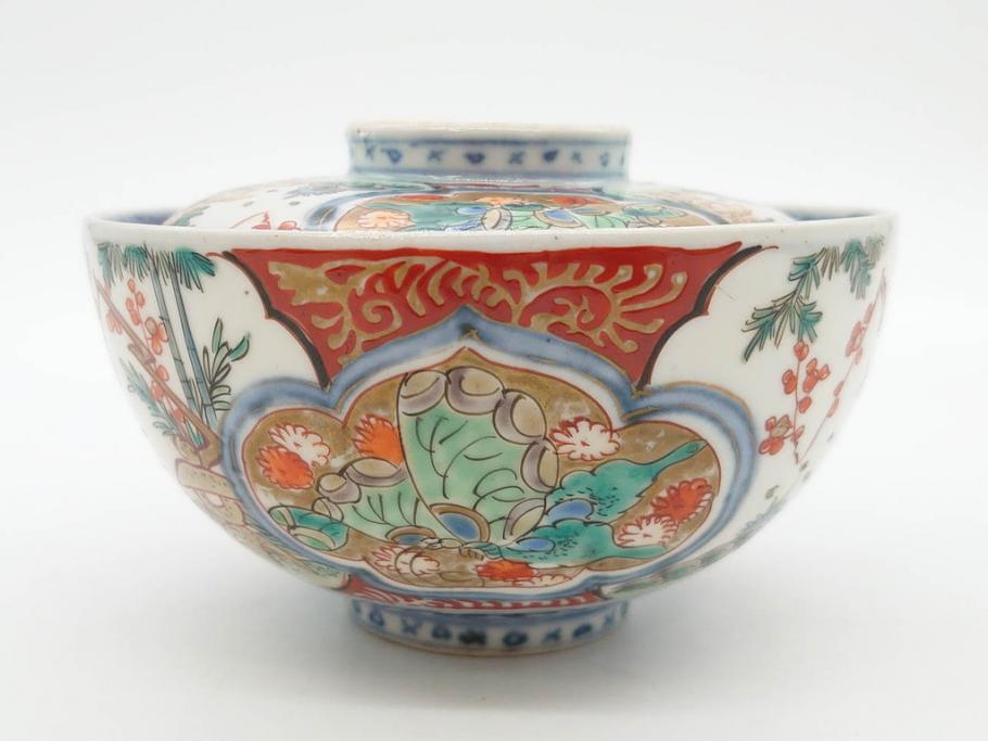上手物　江戸期　古伊万里　色絵　約12cm　3.7寸　食卓を艶やかに彩る蓋付き茶碗5客セット(松竹梅、金彩、風景、花、器、どんぶり、蓋茶碗、和食器、三寸七分)(R-082823)