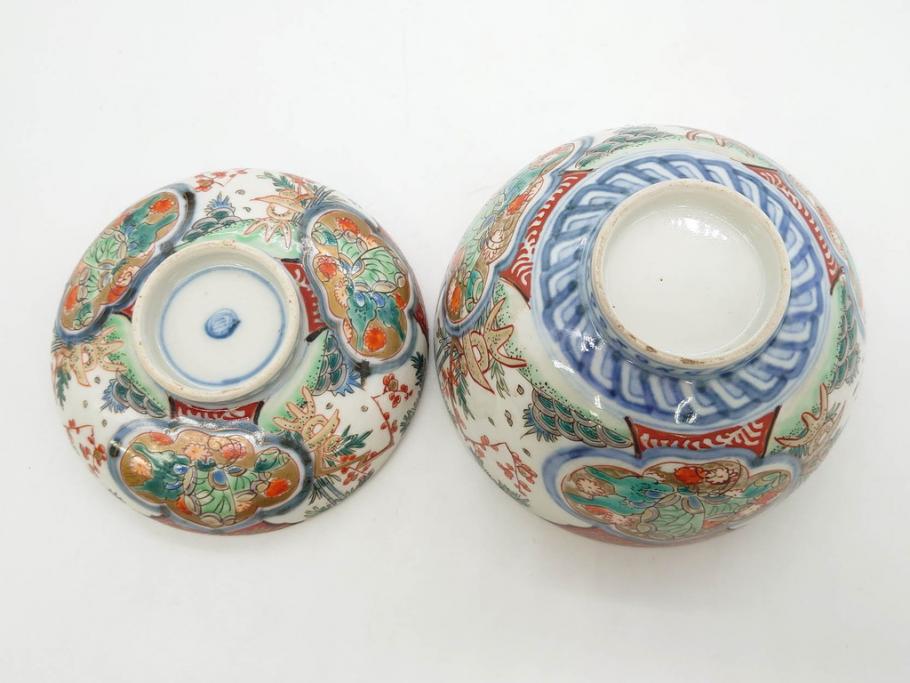 上手物　江戸期　古伊万里　色絵　約12cm　3.7寸　食卓を艶やかに彩る蓋付き茶碗5客セット(松竹梅、金彩、風景、花、器、どんぶり、蓋茶碗、和食器、三寸七分)(R-082823)